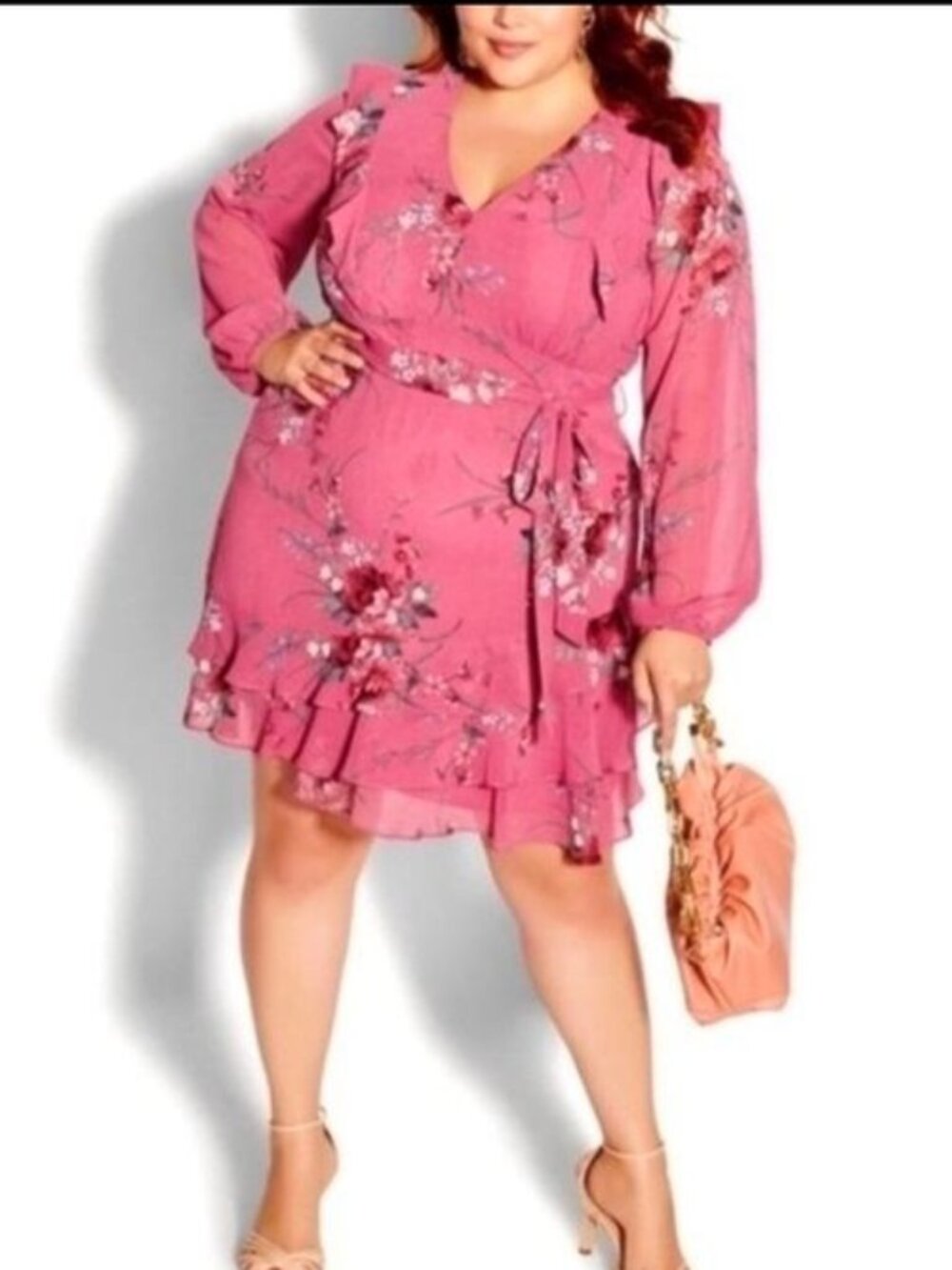 City Chic Purple Magenta Ruffle Floral Mini Wrap Dress Size M/18